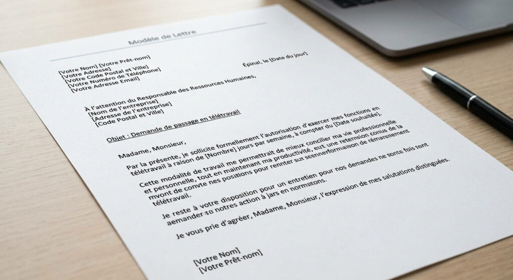Modèle de lettre formelle pour une demande de télétravail adressée aux ressources humaines.