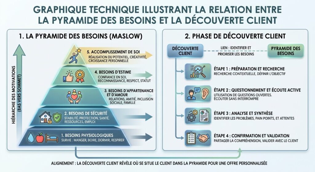 Graphique technique illustrant la pyramide des besoins et la phase de découverte client.