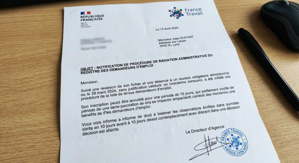 Lettre de notification d'une procédure de radiation administrative du registre des demandeurs d'emploi.