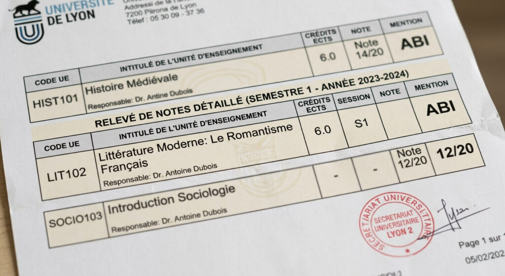 Détail d'un relevé de notes universitaire affichant la mention ABI pour une unité d'enseignement.