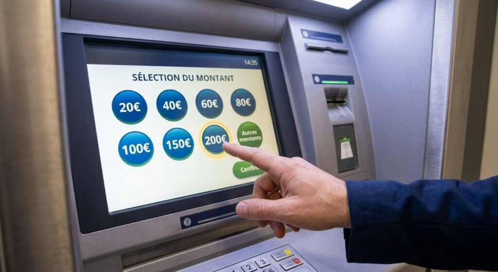Un utilisateur sélectionnant le montant de son retrait sur un automate bancaire.