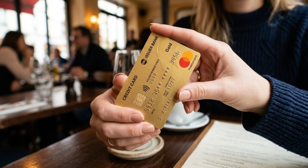 Une carte de crédit Gold Mastercard tenue entre les doigts d'un consommateur.