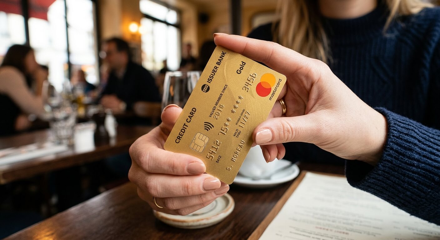 Une carte de crédit Gold Mastercard tenue entre les doigts d'un consommateur.
