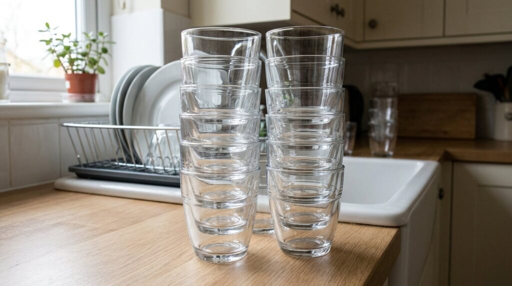 Les célèbres verres de table gigognes Duralex empilés dans une cuisine de maison.