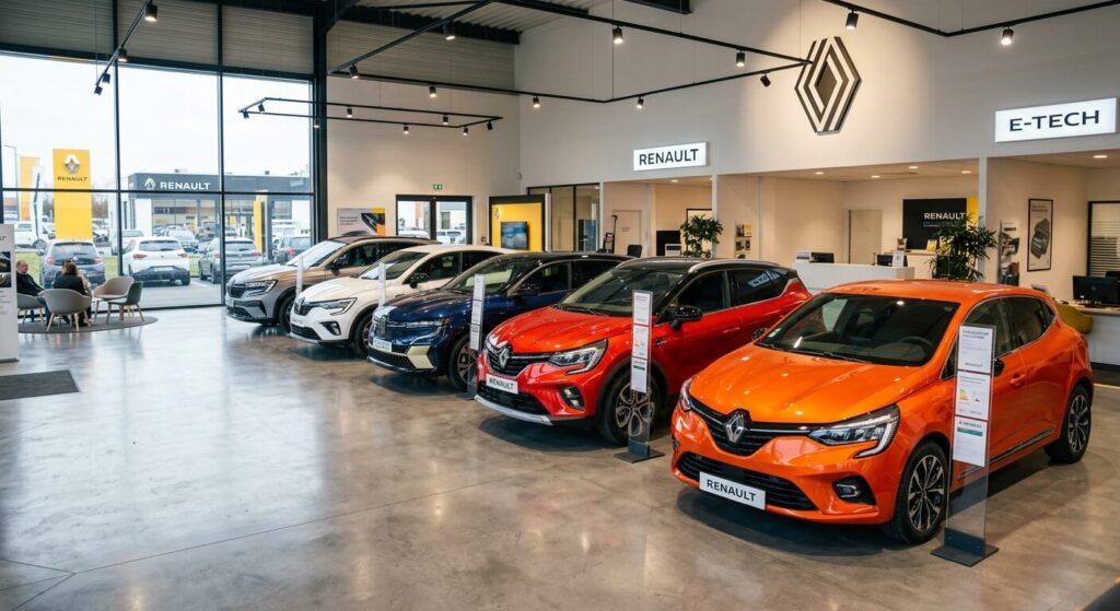 Des véhicules Renault neufs alignés dans le showroom d'une concession automobile.