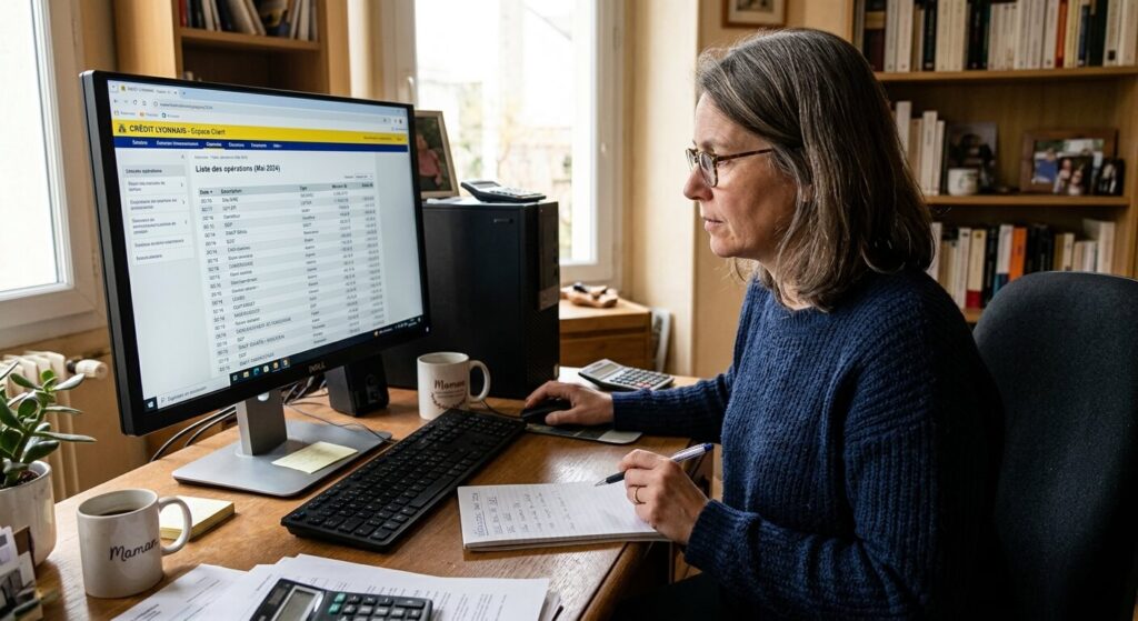 Une personne analysant sa liste d'opérations bancaires sur l'écran d'un ordinateur.
