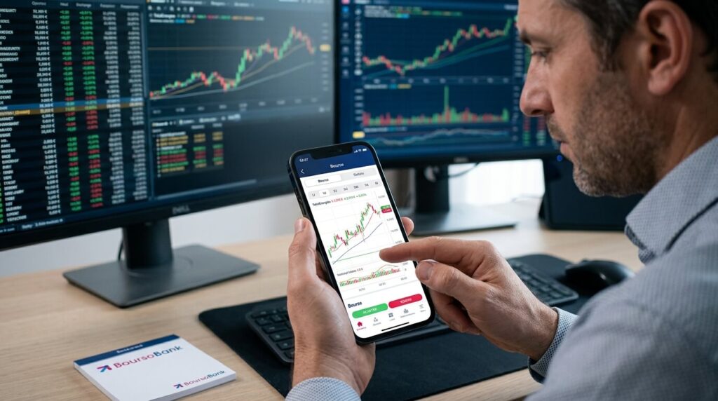 Un investisseur analysant des graphiques boursiers sur l'application mobile BoursoBank.