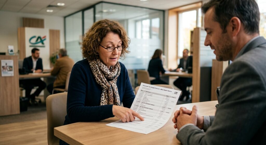 Prélèvement Assistance Company sur votre compte : de quoi s'agit-il ? 2 Une cliente consultant son historique de compte courant et pointant du doigt une ligne de débit au nom d'Assistance Company.
