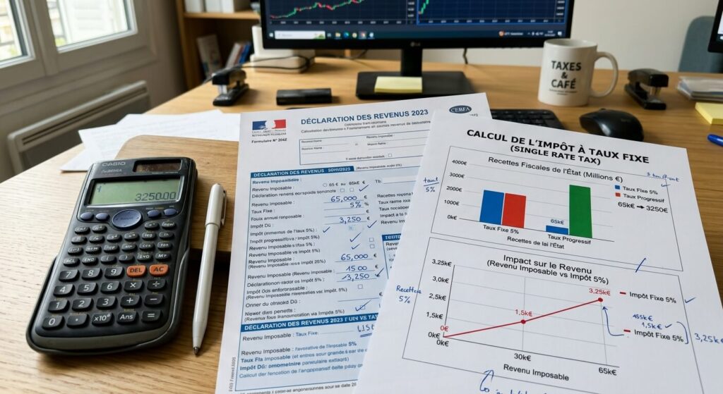 Impôt proportionnel : définition, fonctionnement et différences fiscales 6 Une calculatrice, des documents fiscaux et des graphiques illustrant le calcul d'un impôt à taux fixe.