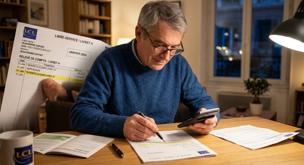 Un épargnant vérifiant la ligne de relevé bancaire du mois de janvier concernant les intérêts de son Livret A.