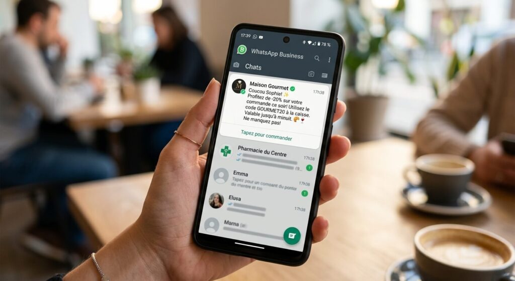 Un écran de smartphone affichant une notification promotionnelle personnalisée sur l'application WhatsApp Business.