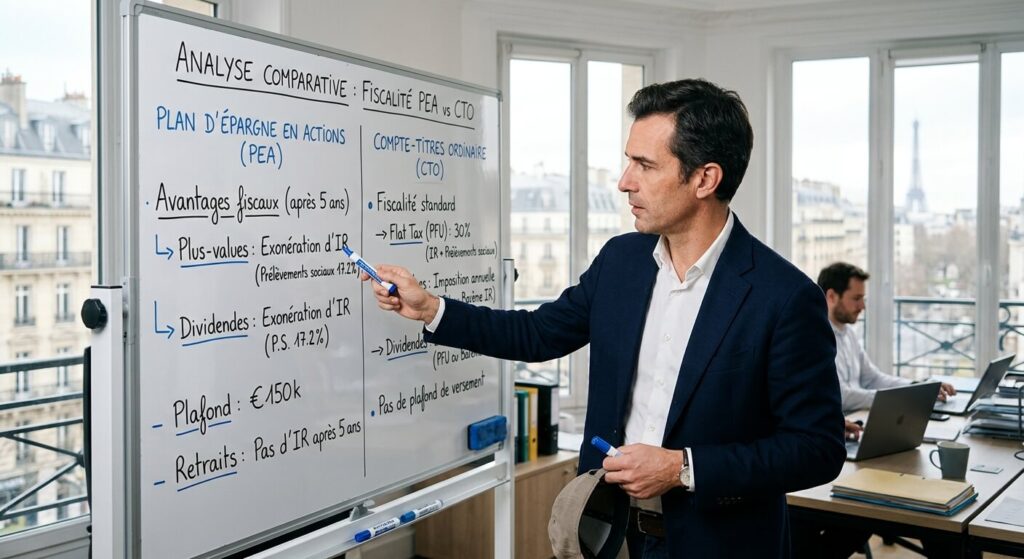 Un entrepreneur analysant sur un tableau les différences fiscales entre un Plan d'Épargne en Actions et un Compte-Titres Ordinaire.