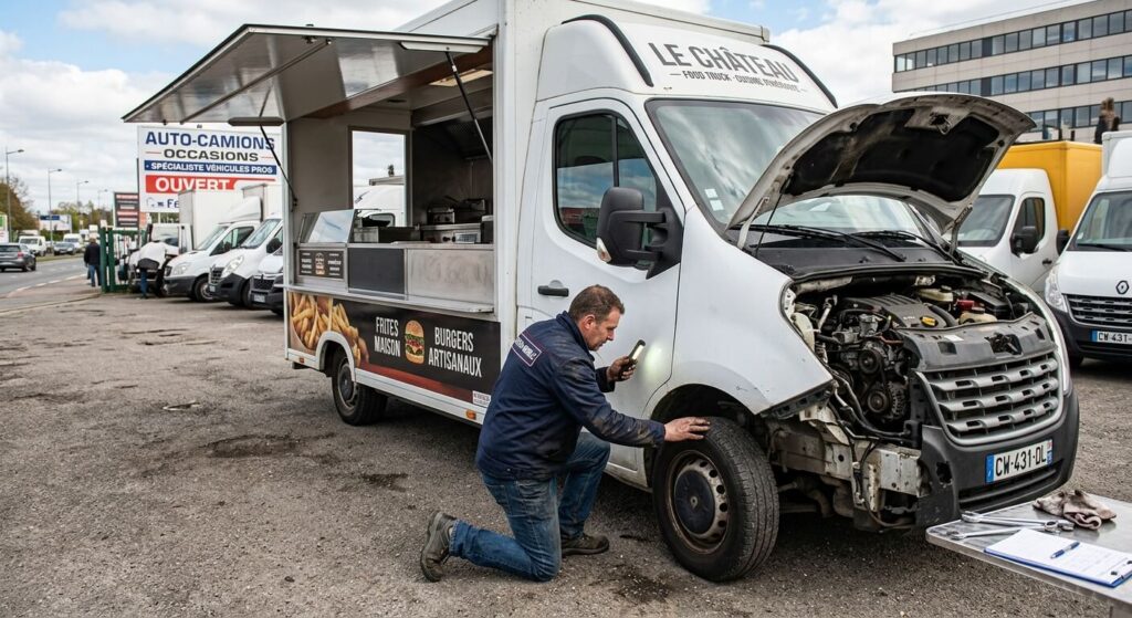 Un acheteur vérifiant l'état du moteur et du châssis d'un camion magasin d'occasion chez un revendeur.