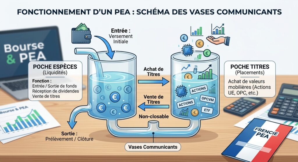 Schéma didactique montrant les vases communicants entre la poche espèces et la poche titres d'un PEA.