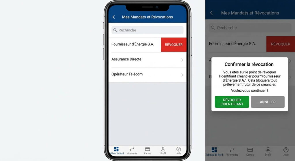 Prélèvement Assistance Company sur votre compte : de quoi s'agit-il ? 4 Interface d'application bancaire permettant de révoquer un identifiant créancier pour bloquer des prélèvements.