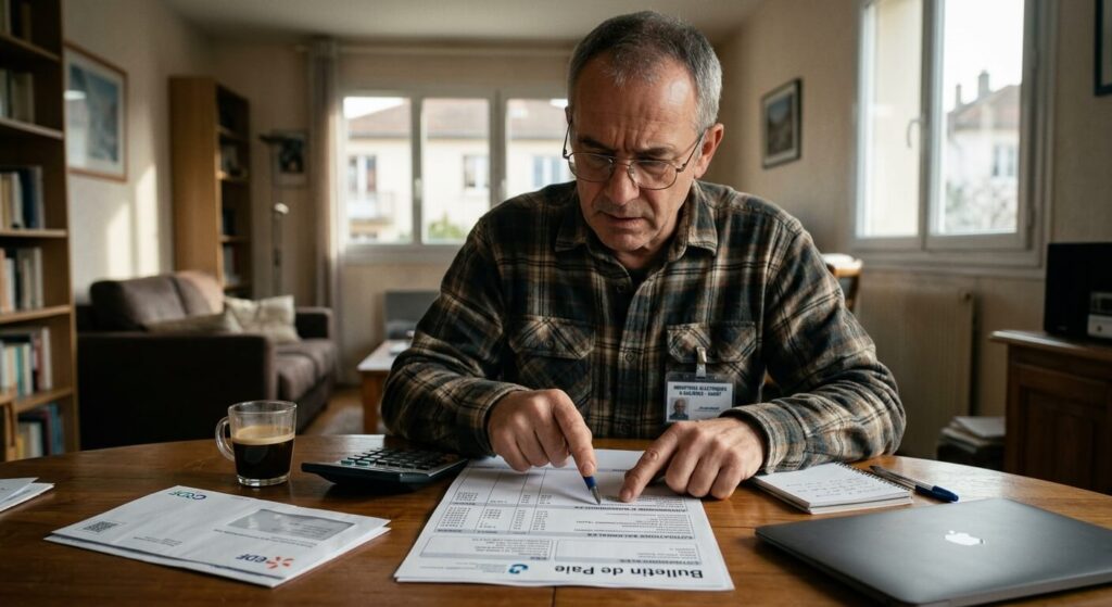 Un agent des industries électriques et gazières analysant les lignes de cotisations de son bulletin de paie.