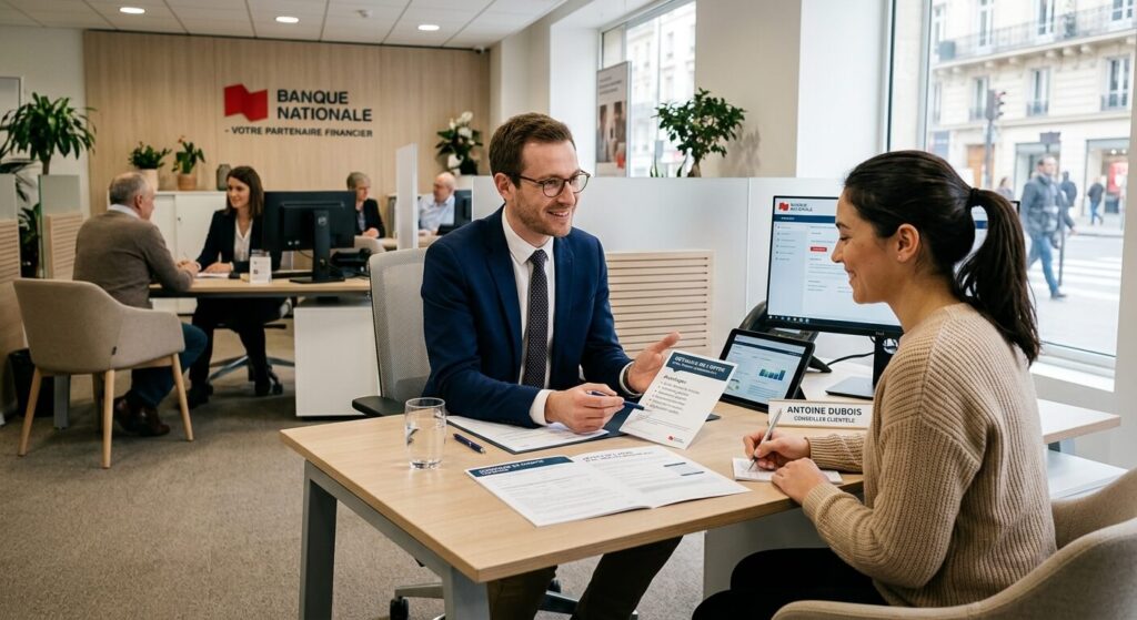 Un conseiller bancaire expliquant les détails d'un compte courant à son client.