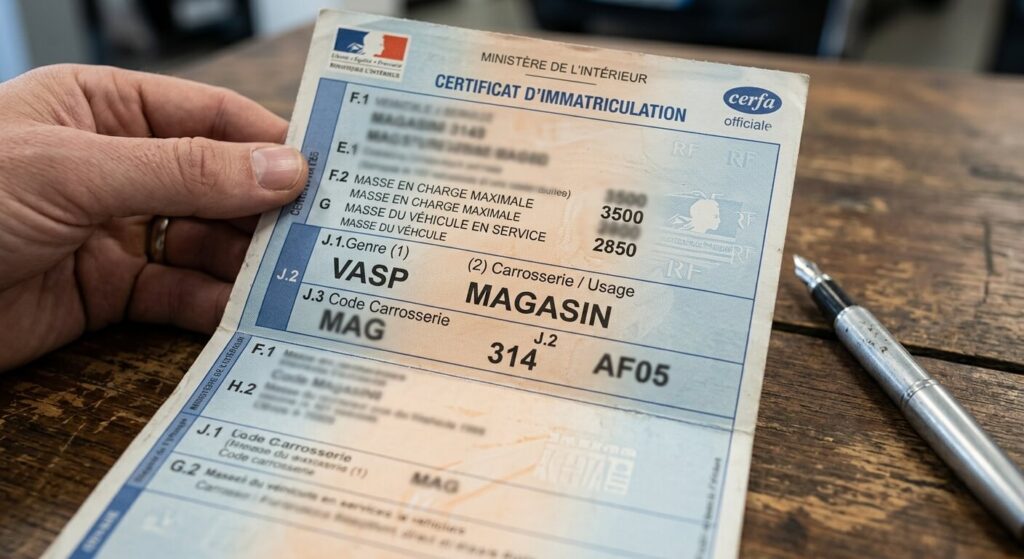 Gros plan sur la mention VASP Magasin inscrite sur la carte grise d'un véhicule commercial d'occasion.