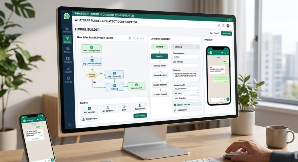 Interface de configuration d'un tunnel de vente automatisé et d'un chatbot pour WhatsApp Marketing.