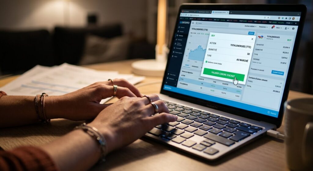 Des mains tapant sur un clavier pour valider un ordre d'achat d'actions sur internet.