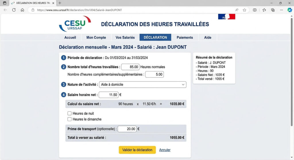 Interface de déclaration des heures travaillées sur le site officiel du CESU URSSAF.