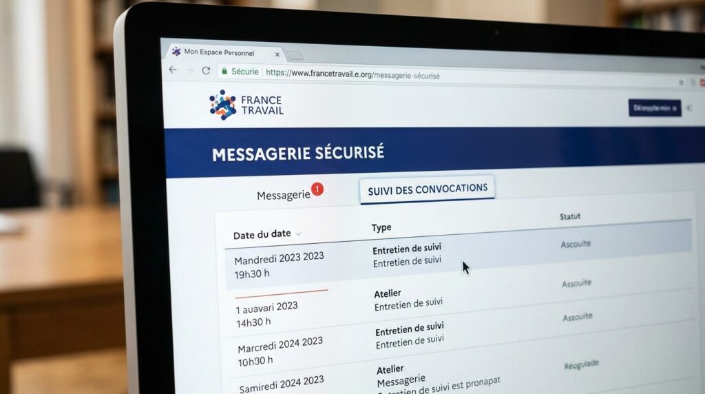 Aksis France Travail : le rendez-vous est-il vraiment obligatoire ? 3 L'écran d'un ordinateur affichant la messagerie sécurisée de France Travail pour le suivi des convocations.