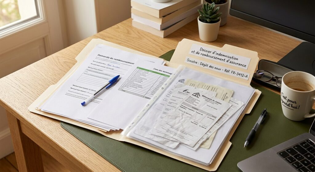 Un dossier d'indemnisation et de remboursement d'assurance posé sur un bureau à la maison.
