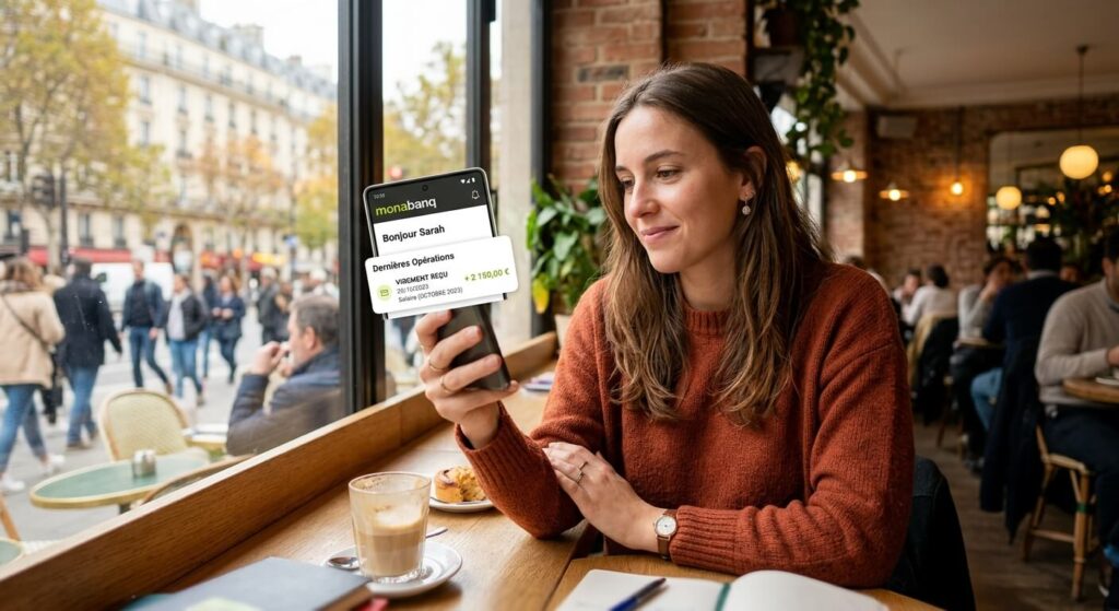 Heure de virement chez Monabanq : délais et réception de votre argent 2 Une cliente consultant l'application mobile Monabanq sur son smartphone pour vérifier l'arrivée d'un virement de salaire.