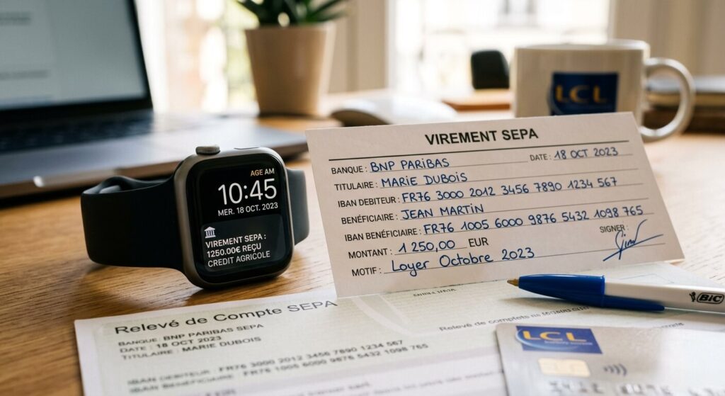Heure de virement chez Monabanq : délais et réception de votre argent 3 Une montre connectée affichant l'heure à côté de documents bancaires de virements SEPA.