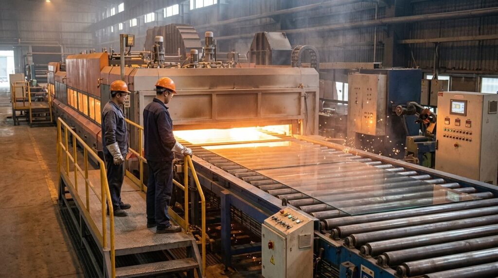 Ouvriers surveillant la fabrication du verre trempé près d'un four industriel en activité.
