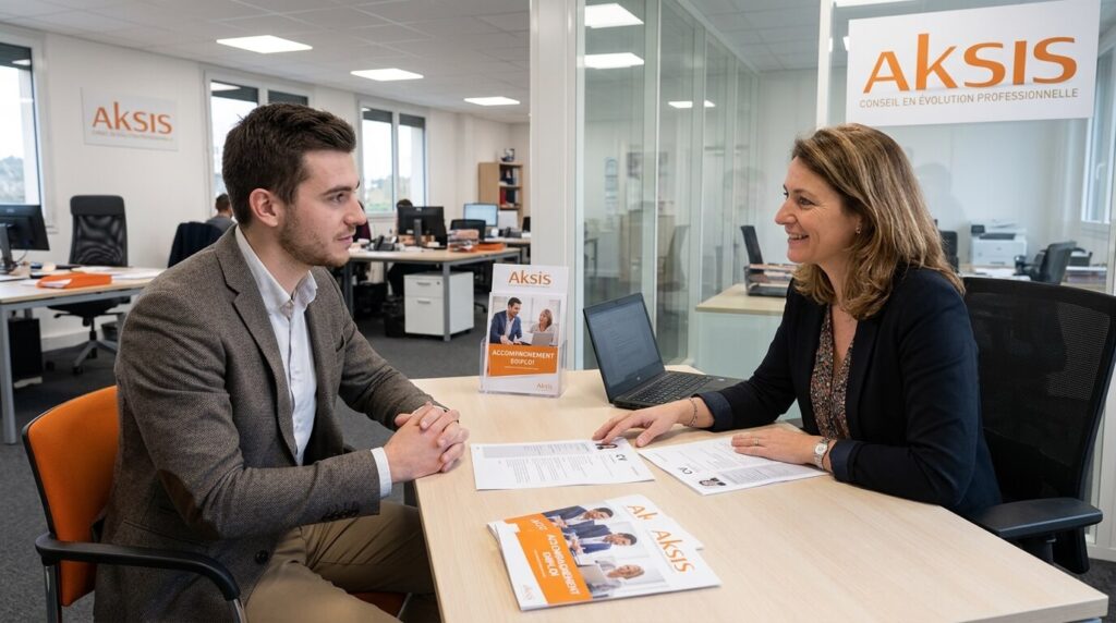 Aksis France Travail : le rendez-vous est-il vraiment obligatoire ? 2 Un demandeur d'emploi en entretien de conseil avec une consultante du cabinet Aksis.
