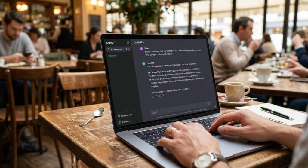 Une recherche textuelle affichant la recommandation d'une entreprise dans l'interface de ChatGPT.