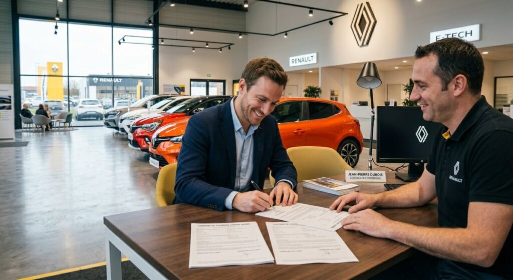 Un client signant un contrat de location longue durée chez un concessionnaire.