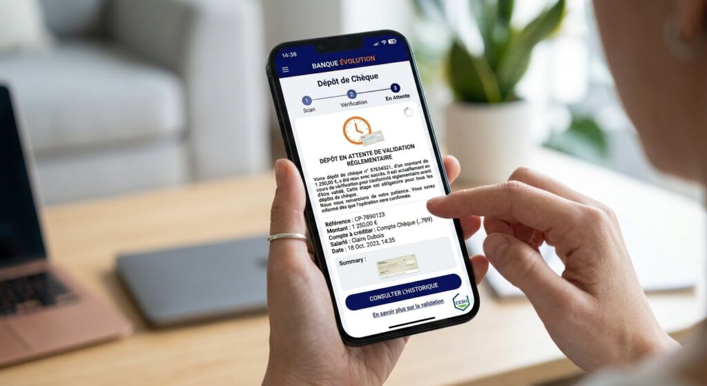 Écran de smartphone affichant une opération de dépôt de chèque en attente de validation réglementaire.