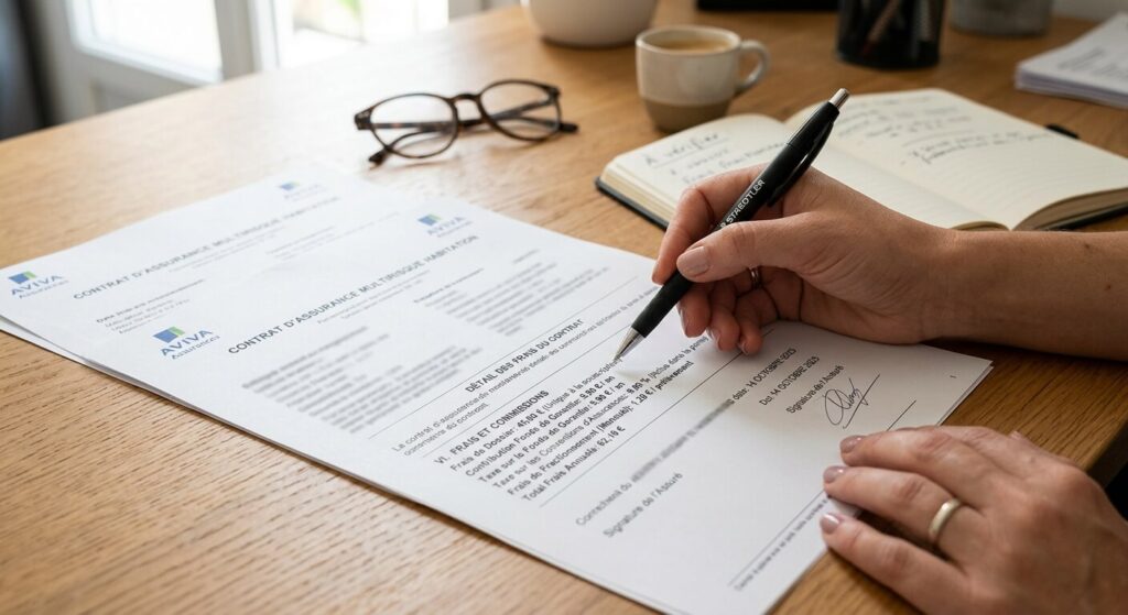 Un gros plan sur les lignes de frais d'un contrat d'assurance en cours d'examen.