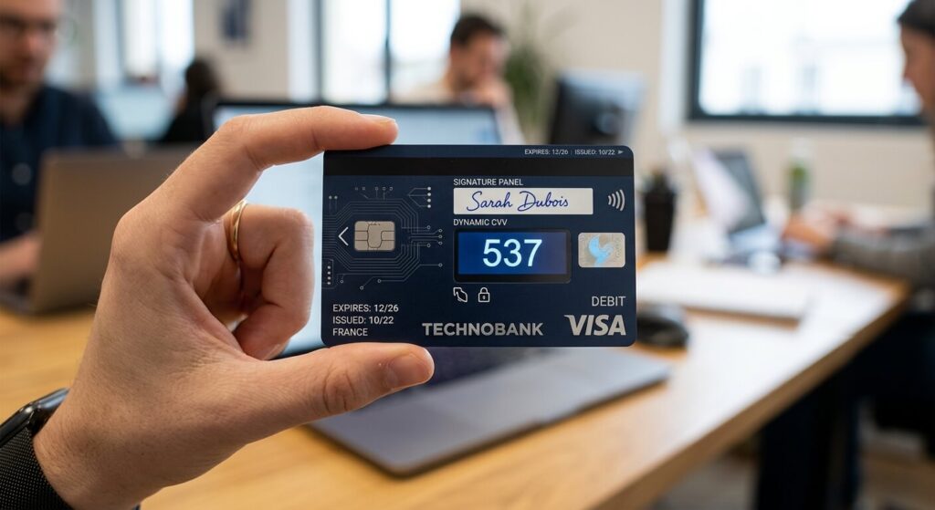 Le verso d'une carte bancaire technologique montrant le petit écran numérique où s'affiche le code à trois chiffres.