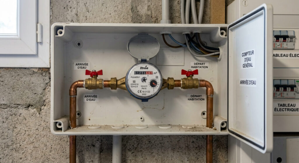 Un compteur d'eau général installé dans un coffret technique résidentiel.