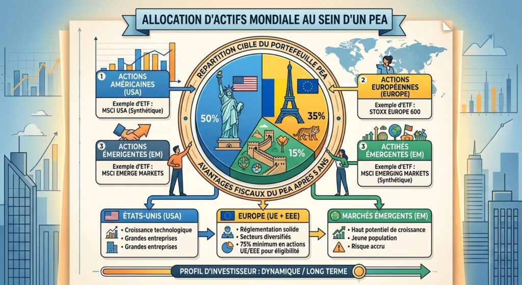 Investir sur les marchés actions américains avec un PEA : une stratégie souvent méconnue des investisseurs 3 Représentation graphique d'une allocation d'actifs mondiale combinant des actions américaines, européennes et émergentes au sein d'un PEA.