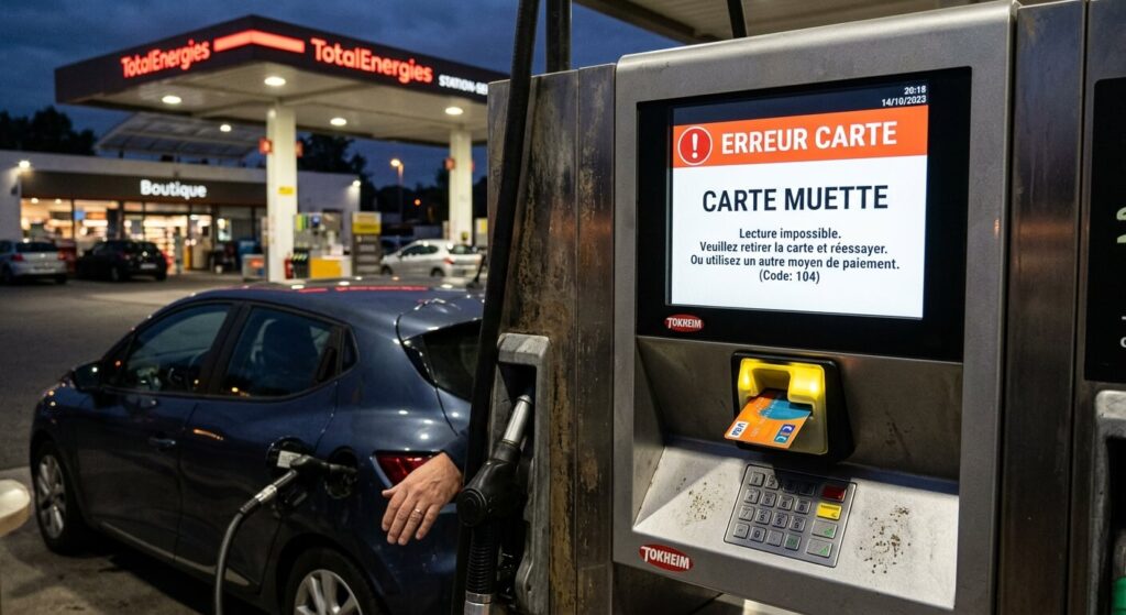 L'écran d'un automate à carburant affichant le message d'erreur carte muette.