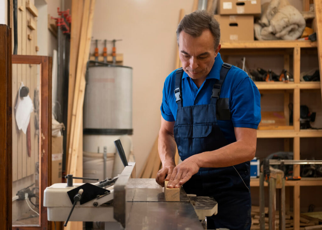 Un homme de 40 ans souriant dans un atelier de menuiserie, en pleine reconversion professionnelle.