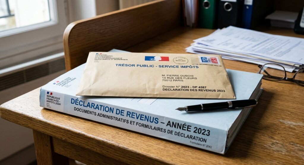 Une enveloppe officielle du Trésor Public posée sur un dossier administratif de déclaration de revenus.