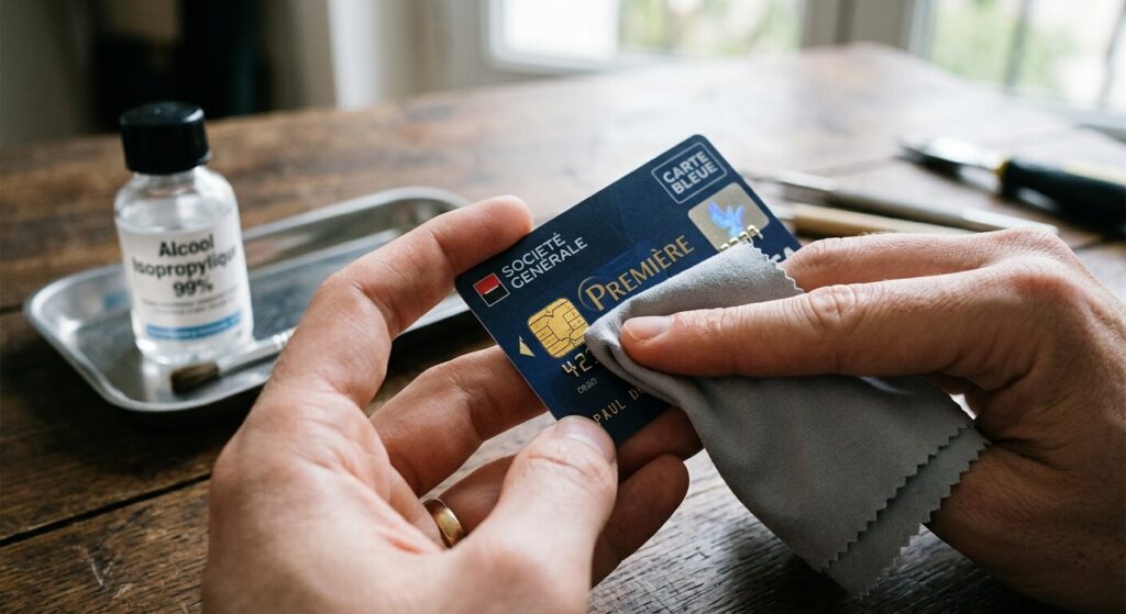Nettoyage délicat de la puce dorée d'une carte bancaire avec un chiffon doux.