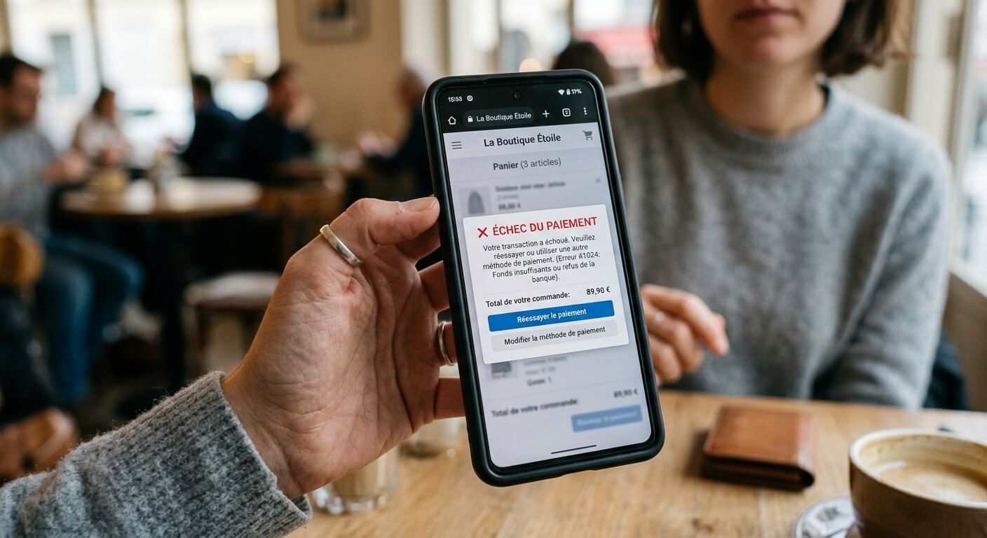 Un gros plan sur un smartphone affichant un message d'erreur lors d'une tentative de paiement sur un site de e-commerce.