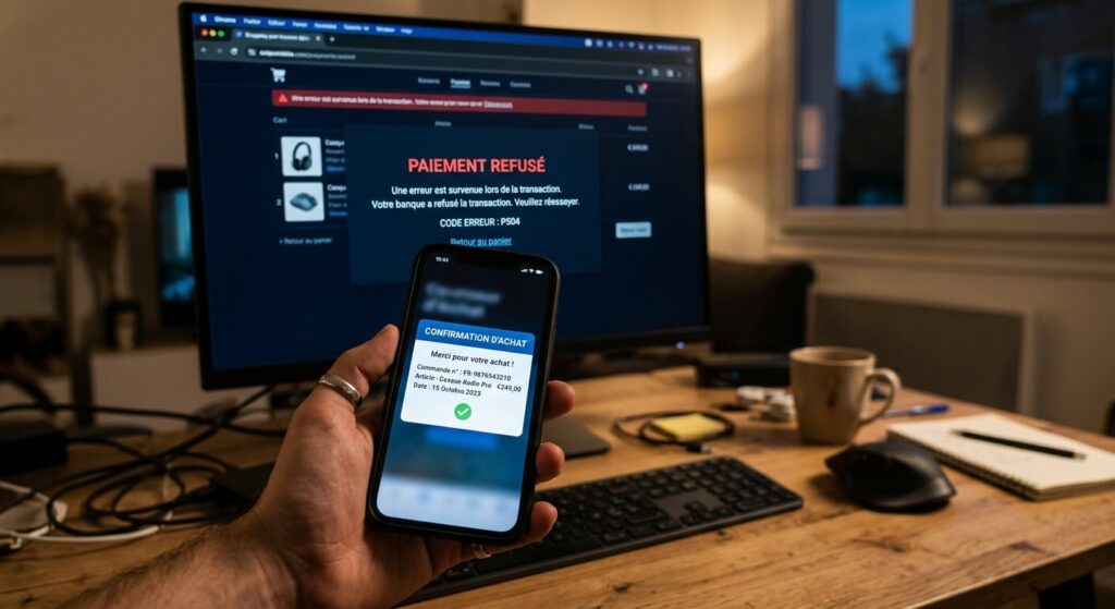 Clé digitale validée mais paiement refusé : pourquoi et que faire 2 Un smartphone affichant une notification de confirmation d'achat alors que l'écran d'ordinateur en arrière-plan affiche un refus.