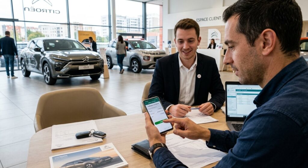 Validation d'un virement bancaire sur smartphone chez un concessionnaire automobile.