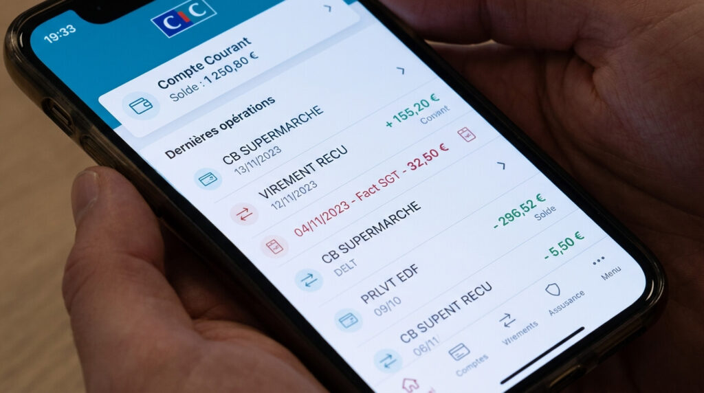 Libellé "Fact SGT" sur votre compte CIC : de quel frais bancaire s'agit-il ? 2 L'écran d'une application bancaire CIC affichant une ligne de débit avec l'abréviation Fact SGT.