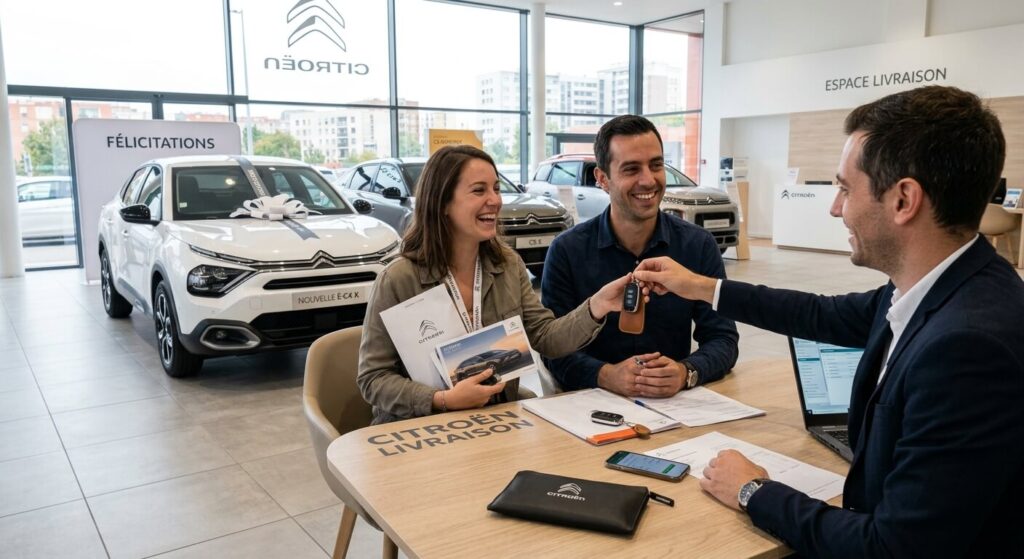 Remise des clés d'une voiture neuve après confirmation du règlement bancaire.