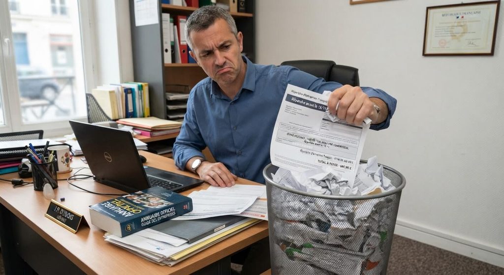 Formulaire d'annuaire commercial trompeur jeté à la poubelle par un chef d'entreprise.