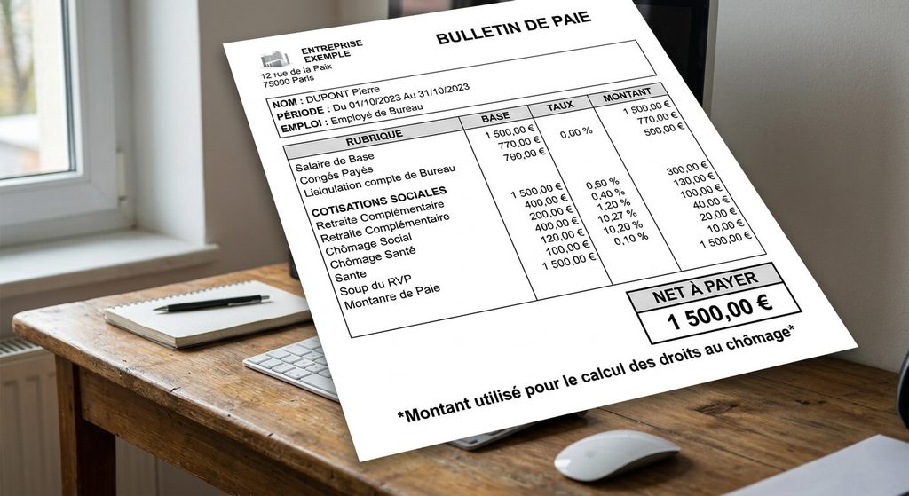 Fiche de paie affichant un salaire net de 1500 euros pour le calcul des droits au chômage.