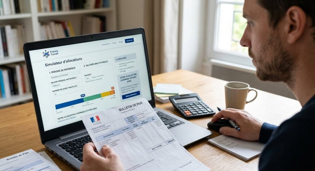 Simulation du calcul de l'allocation chômage ARE sur ordinateur avec bulletin de paie.